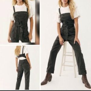 Free People Go West Washed Black Utility Jumpsuit Overalls Black Boho